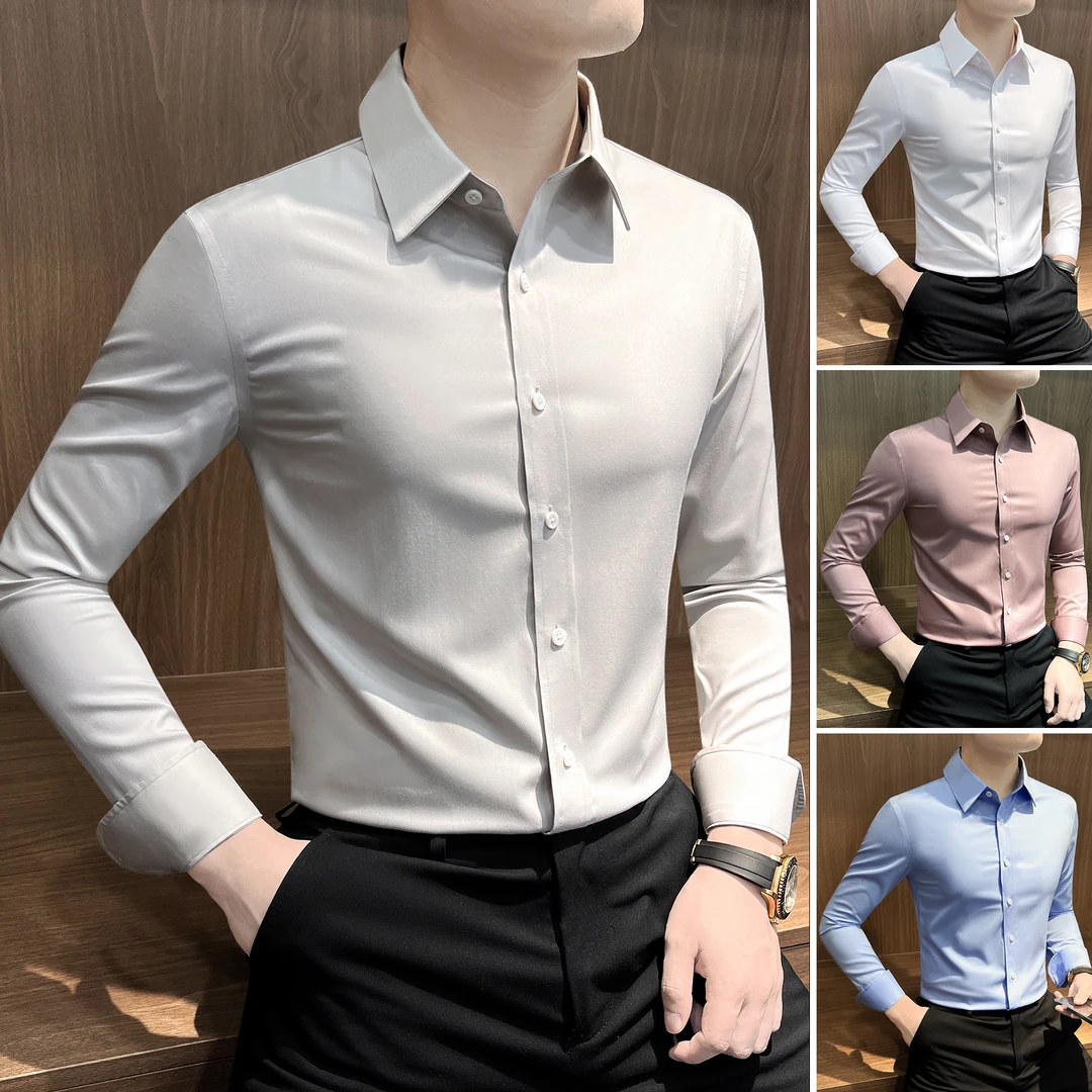 纯色修身男士衬衫气场强大高级感男装秋季商务休闲男款长袖衬衣服