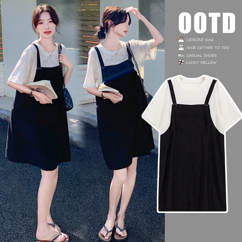 时尚孕妇夏季黑色假两件连衣裙宽松遮肚时尚小个子裙子连衣裙