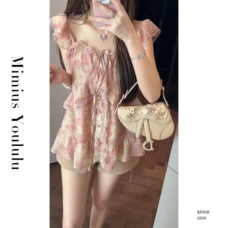 【mimius】七七 花野迷踪 重工碎花荷叶边系带上衣 G06310