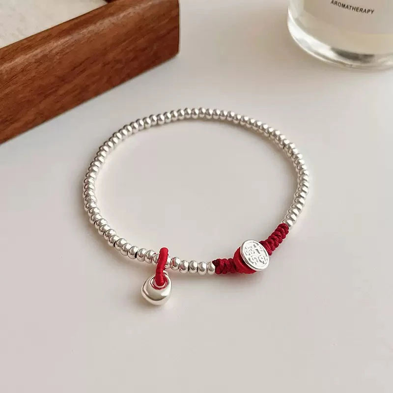 925银手链 盘缠秤砣编制红色手链925银光珠光面