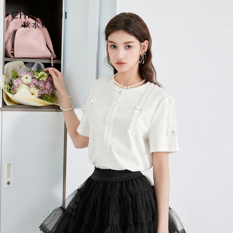 【陈大可】秋水伊人时尚设计感白色正肩T恤2024夏季新款女甜美百搭