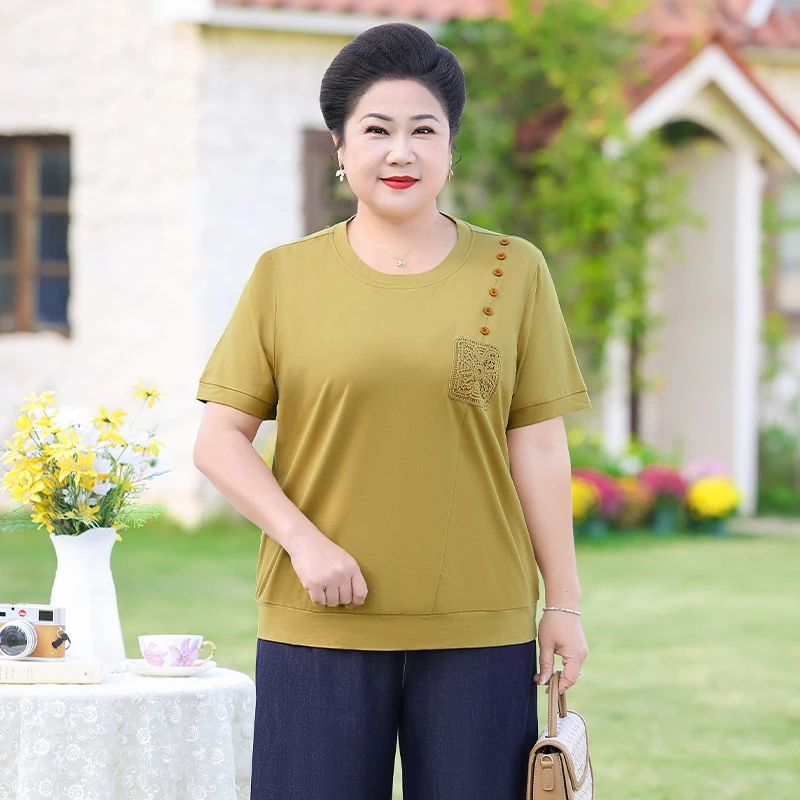 今年流行中老年女装夏装2025新款妈妈装宽松t恤短袖圆领上衣