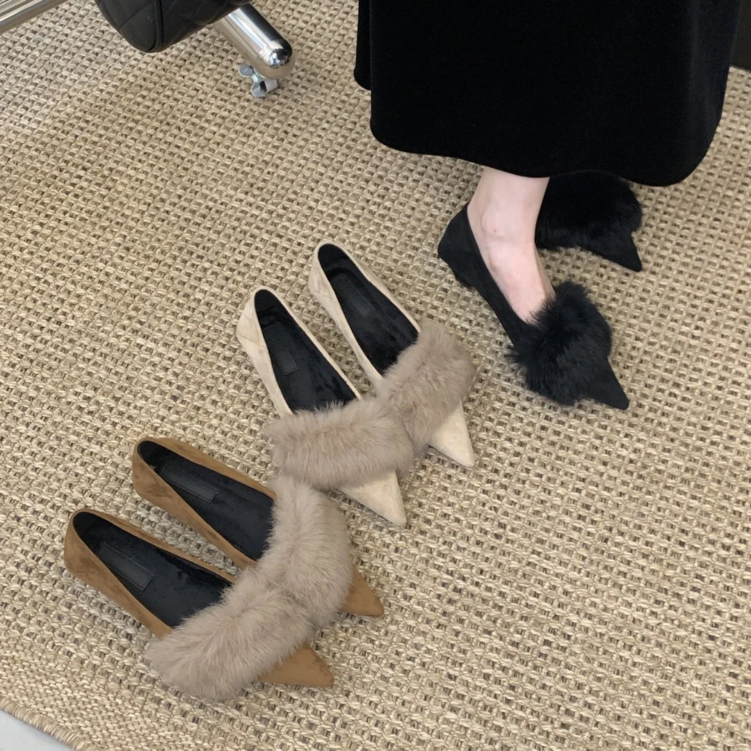 FTX-8778-5 法式毛毛尖头设计感2025秋冬新款加绒单鞋软底好穿