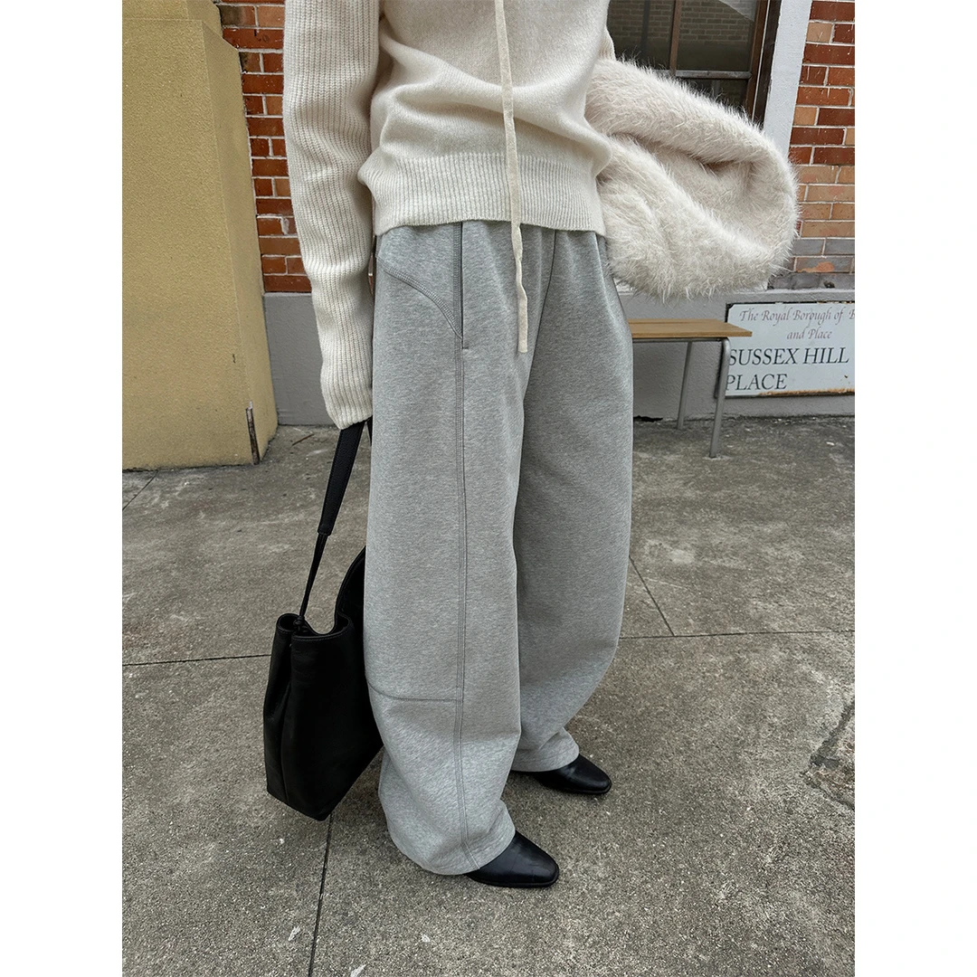 简约风冬季高腰加绒加厚磨毛直筒微弹口袋棉制女装阔腿裤秋冬休