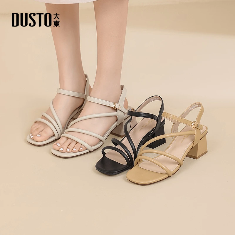 大东绑带凉鞋夏季优雅粗跟高跟增高方头金属一字扣百搭鞋子女0025