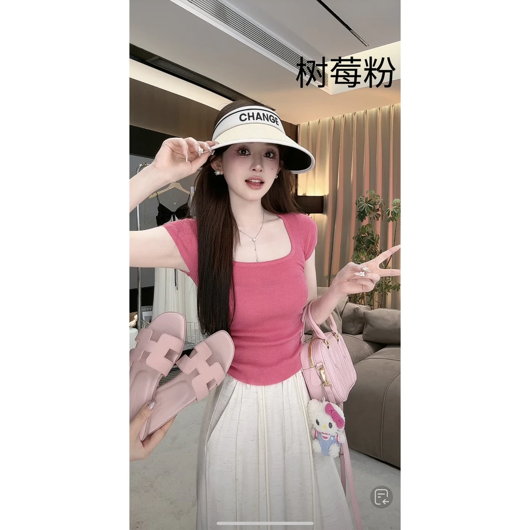 欣儿优选●C4ZZS4080A时尚百搭短袖纯色针织衫女莫奈花园风