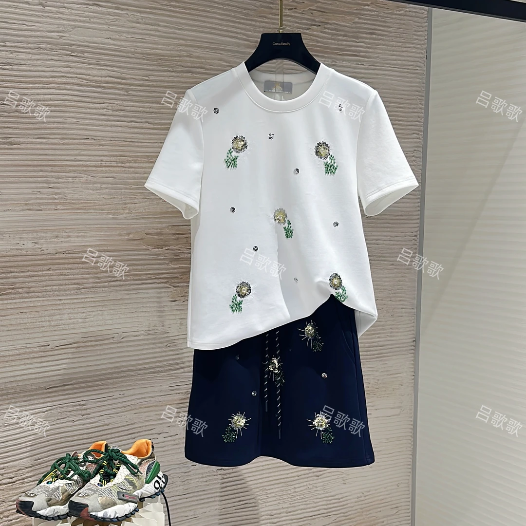 【宠粉价】烫钻花夏季短袖两件套大码微胖显瘦套装裙TZ-33