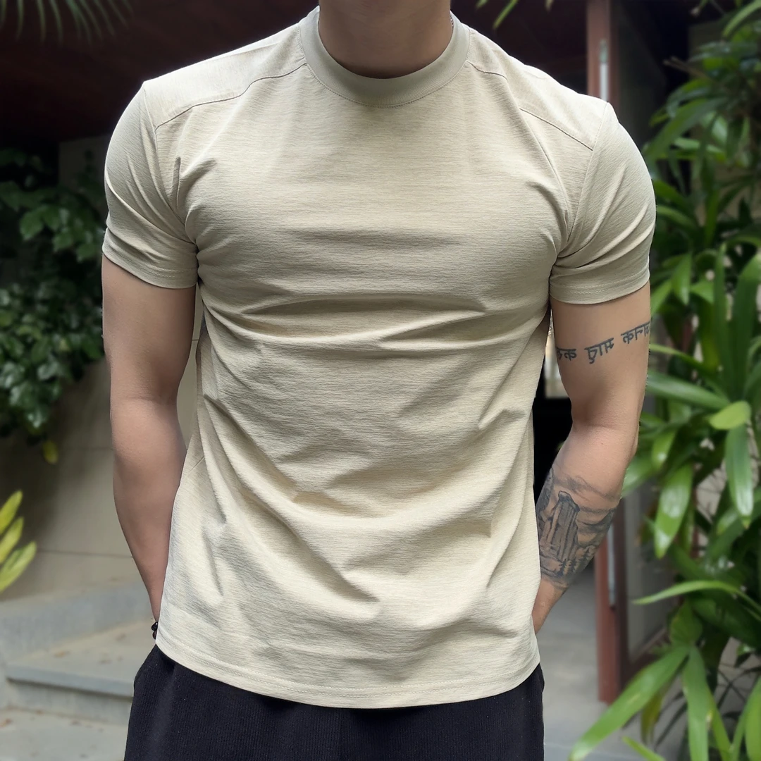 夏季新拼接垫肩收袖口运动短袖健身凉感弹力速干型男跑步训练T恤