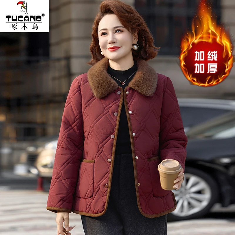 啄木鸟妈妈冬装棉服短款加绒外套冬季小棉袄时尚保暖中老年女装秋