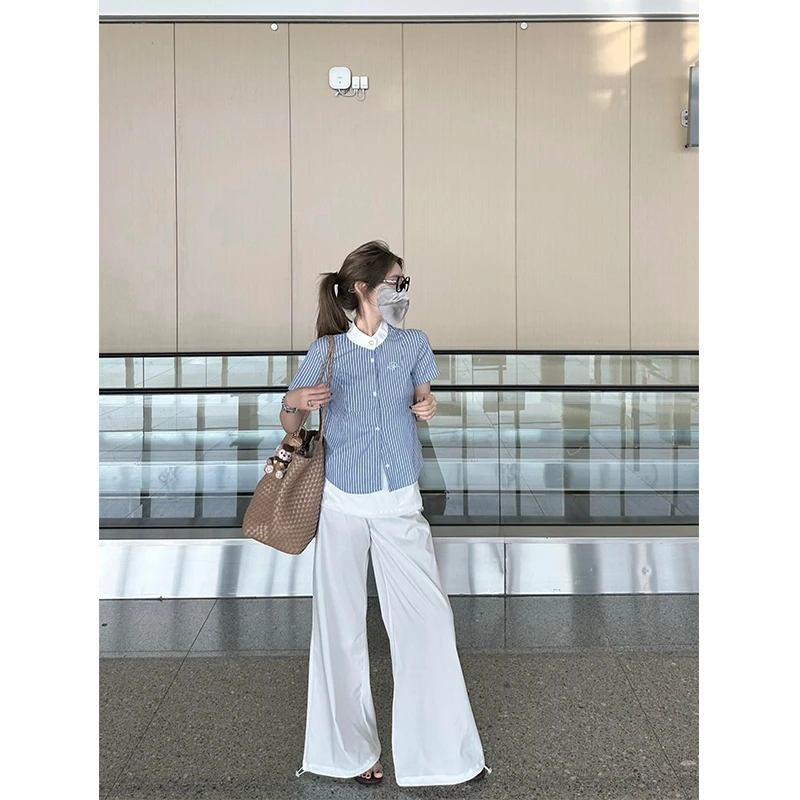 洋气衣服女夏季韩系气质条纹设计感套装短袖衬衫高腰直筒阔腿裤子