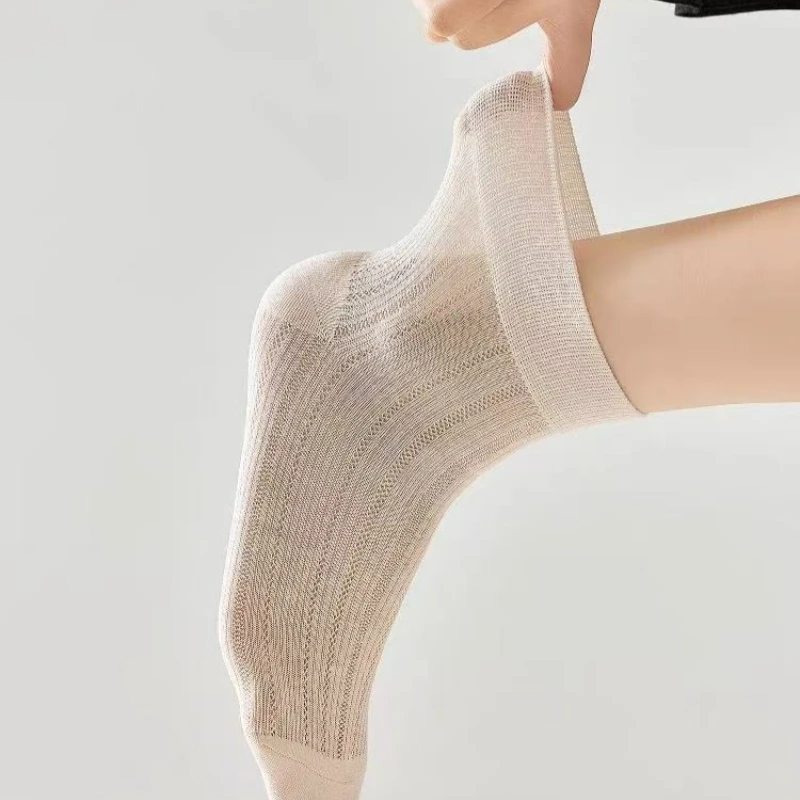 羊范夏季男女薄款透气长绒棉+桑蚕丝超细无痕中筒袜高弹镂空棉袜