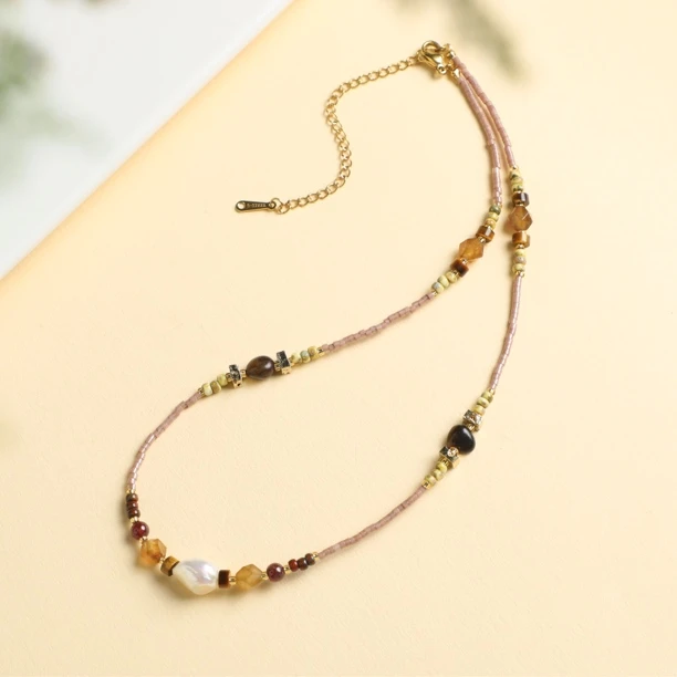 （桃）淡水珍珠ins 风拼拼小清新简约项链（合金链条）