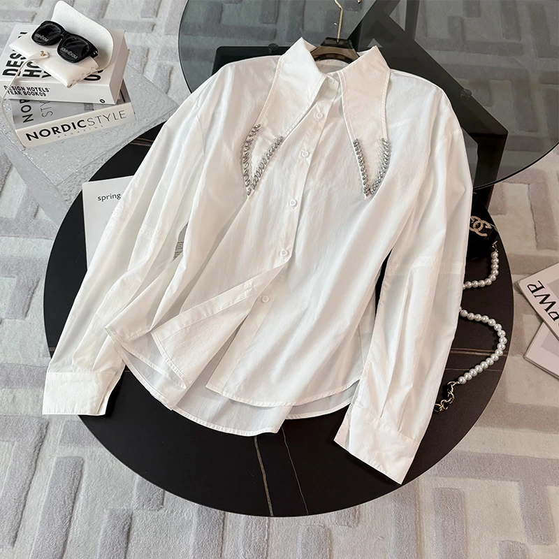 女款春季时尚休闲新款百搭重工镶钻尖领宽松显瘦纯色中长款衬衣潮