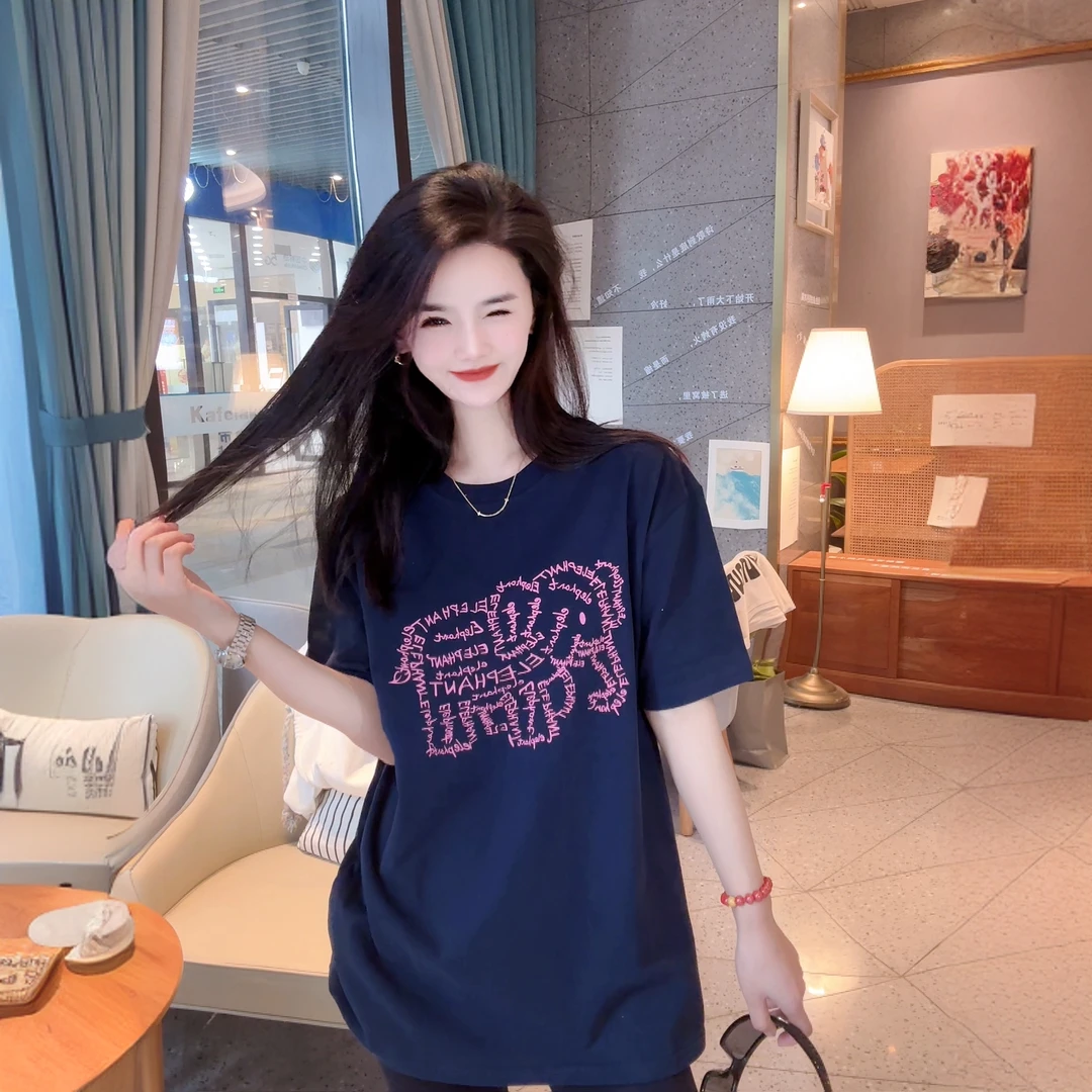 【字母大象】纯棉宽松显瘦短袖T恤印花圆领时尚休闲百搭上衣