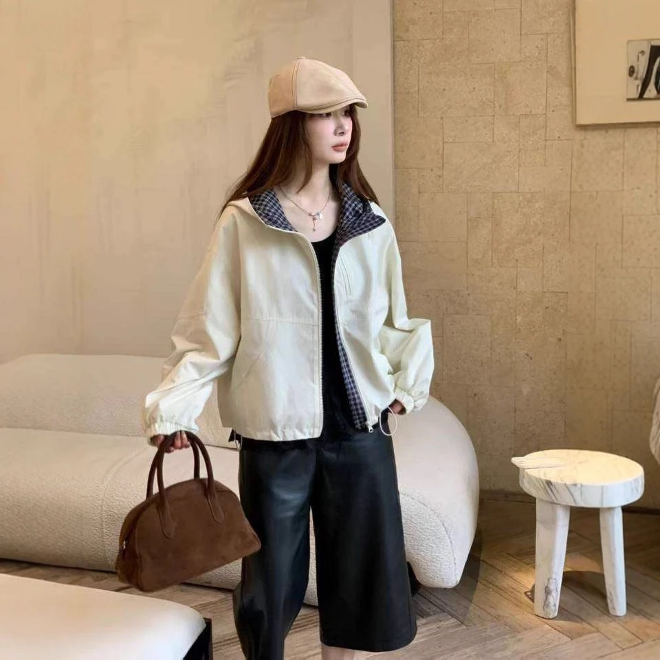 潮2025年高端显瘦撞色减龄连帽外衣新款时尚洋气双拉链春秋女外套