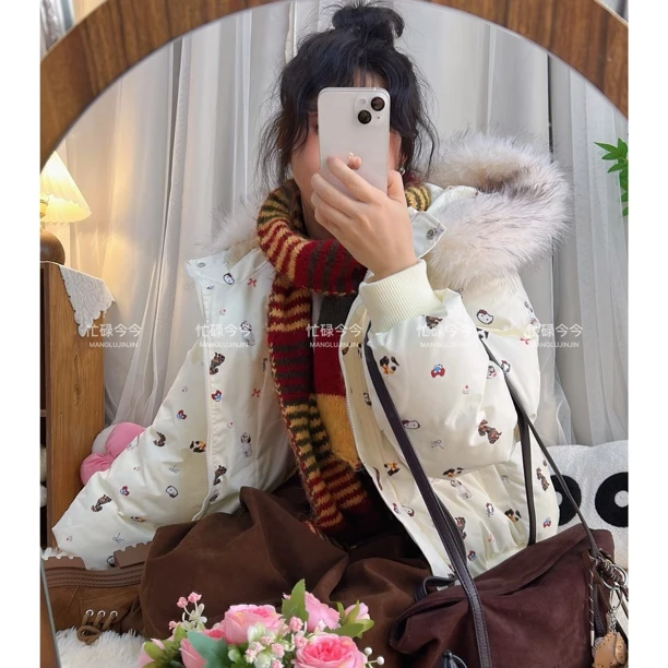 复古卡通狗印花连帽棉服加厚保暖面包服百搭可拆卸毛领美式外套
