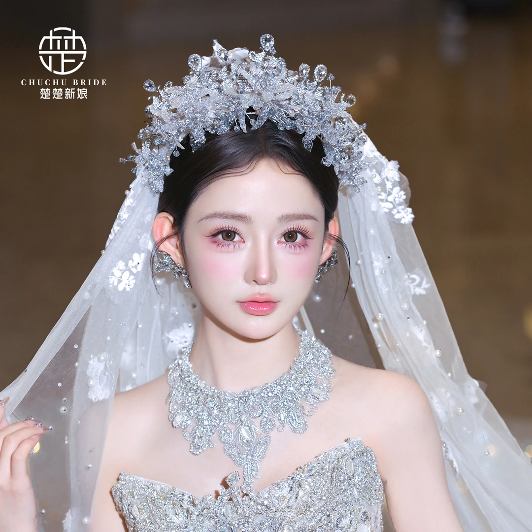 2025新款新娘皇冠水凝胶花朵婚纱韩式气质手工结婚头饰生日冠