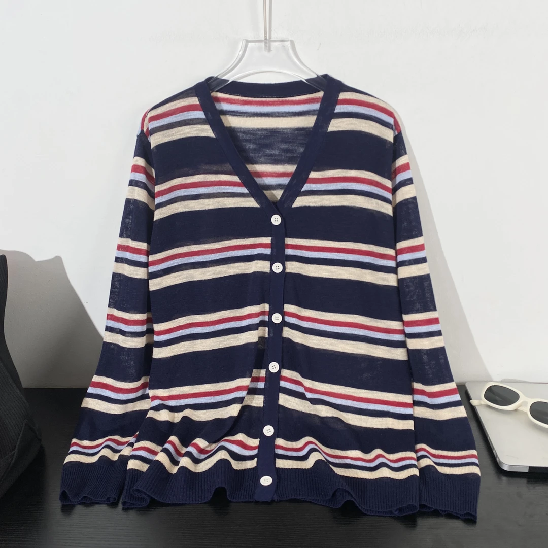 小韩日记【撞色条纹】针织开衫长袖时尚休闲百搭经典拼色春夏K439