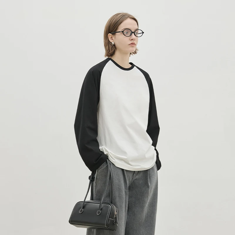 BLUEWEDIAN2025春夏撞色拼接圆领T恤女插肩袖宽松棉休闲舒适上衣