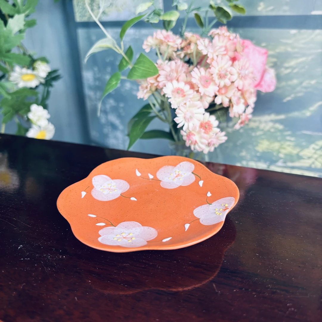 橘色粉引纯手工手绘山茶花花型杯垫杯碟家用复古陶瓷茶具泡茶杯托