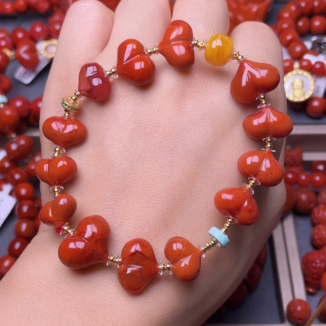 南红玛瑙未镶嵌瓦西柿子红火焰纹屁桃手串17-12MM