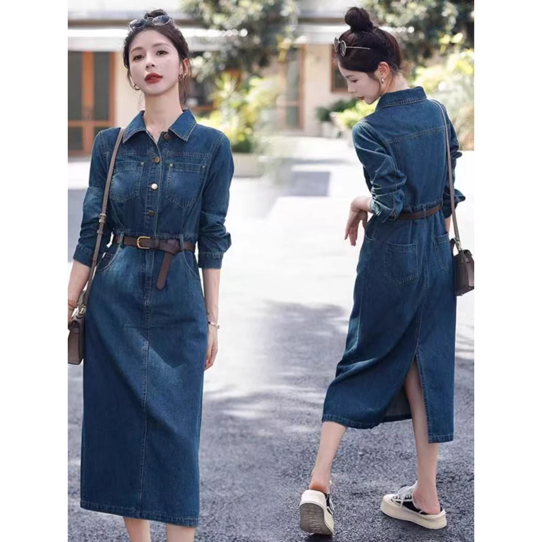 设计感高端牛仔连衣裙女2025年春秋新款气质修身显瘦V领收腰长裙
