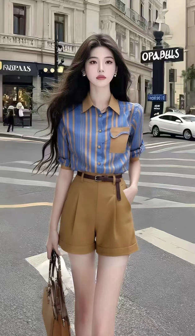 休闲通勤风穿搭撞色条纹衬衫短袖上衣+百搭棕色短裤女显瘦两件套