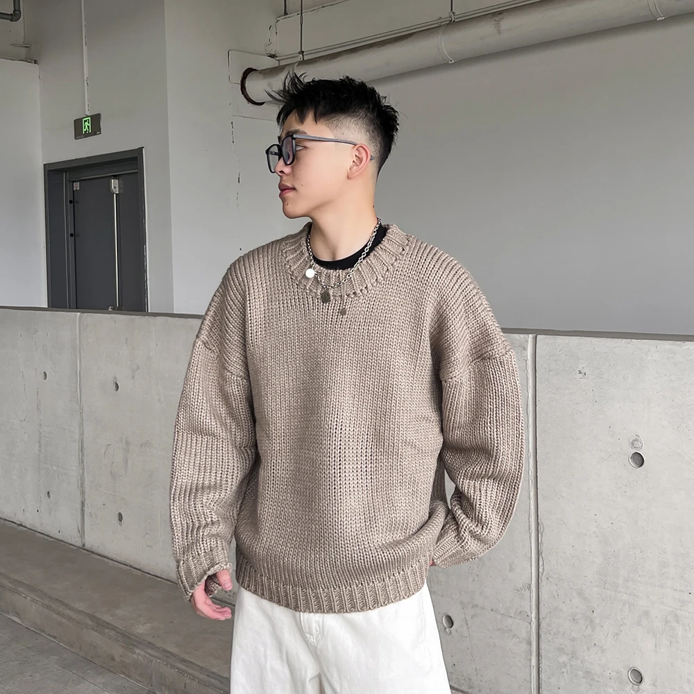 美式圆领套头毛衣男女情侣款秋冬季慵懒松弛风oversize简约针织衫