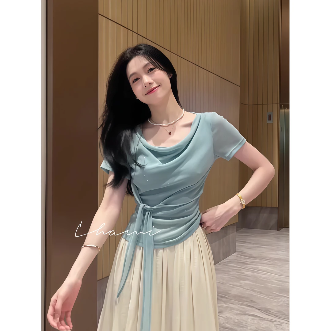 2025夏季新款蓝法式高级感蝴蝶结系带冰丝掐腰上衣女短袖T恤薄款