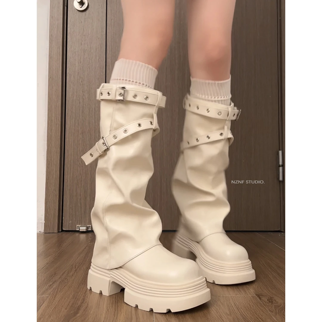 白色英伦风厚不过膝底靴子女长筒靴2025新款秋季配裙子显瘦骑士靴