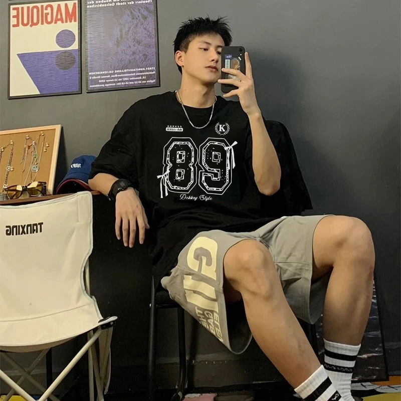 labzaa美式个性蝴蝶结数字印花纯棉短袖T恤男女夏季宽松休闲上衣