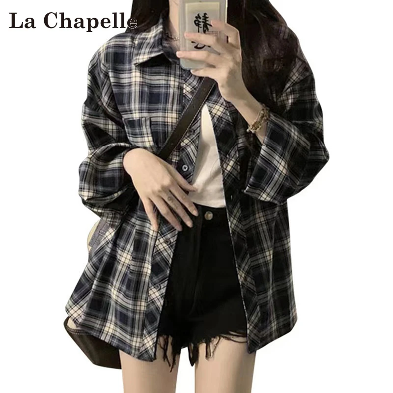 拉夏贝尔复古休闲格子衬衫女秋冬2025新款设计感宽松百搭长袖衬衣