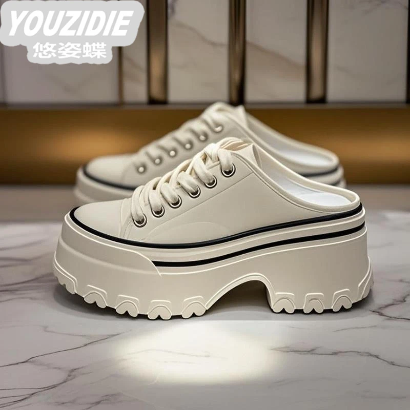 欧货轻奢松糕厚底包头半拖鞋女2025春夏新款增高外穿一脚蹬懒人鞋