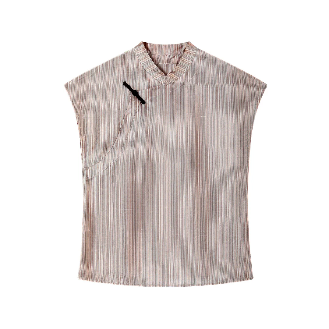 夏季轻薄国风时尚上衣女2025新款盘扣气质显瘦短袖条纹无袖女士