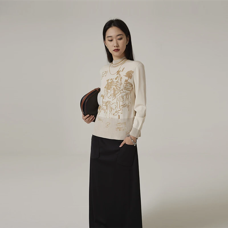 织希春季新款柔软舒适随性百搭提花长袖针织衫