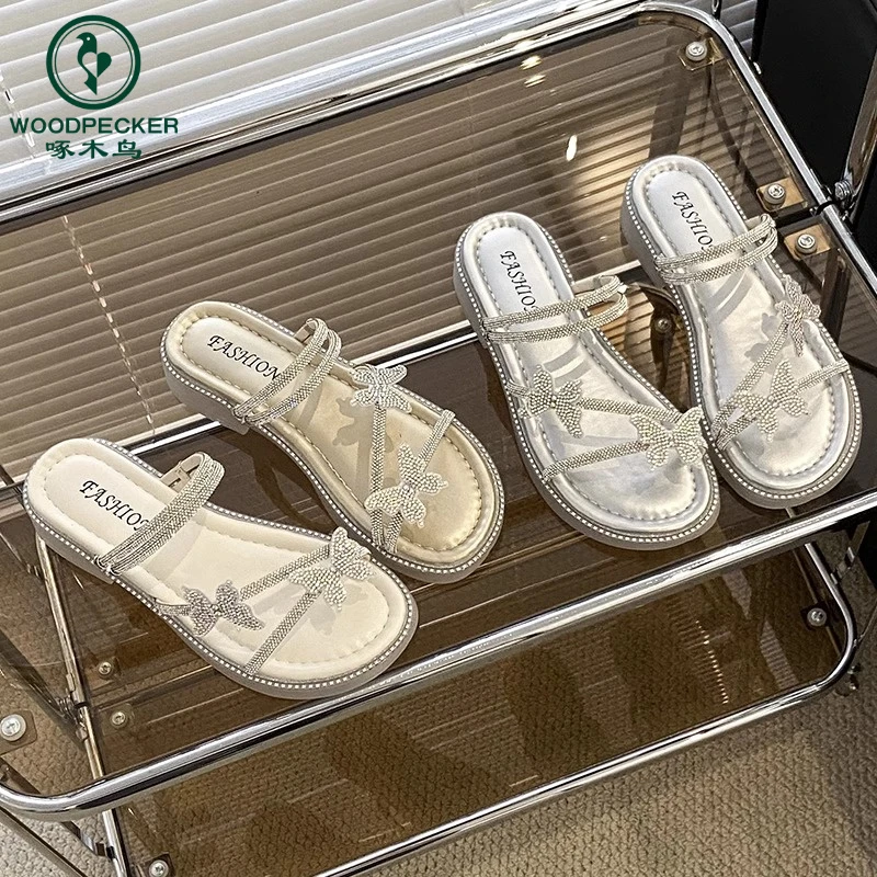 2025年夏季新款女士时尚水钻凉鞋百搭气质纯色两穿凉拖鞋女