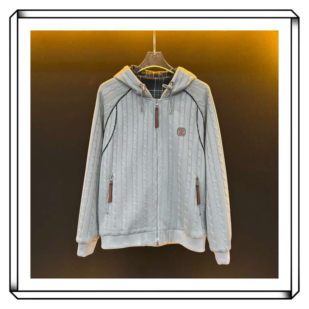 【卫衣】意式奢品绞花连帽针织开衫 灰调休闲外套连帽 紧要-XU1362