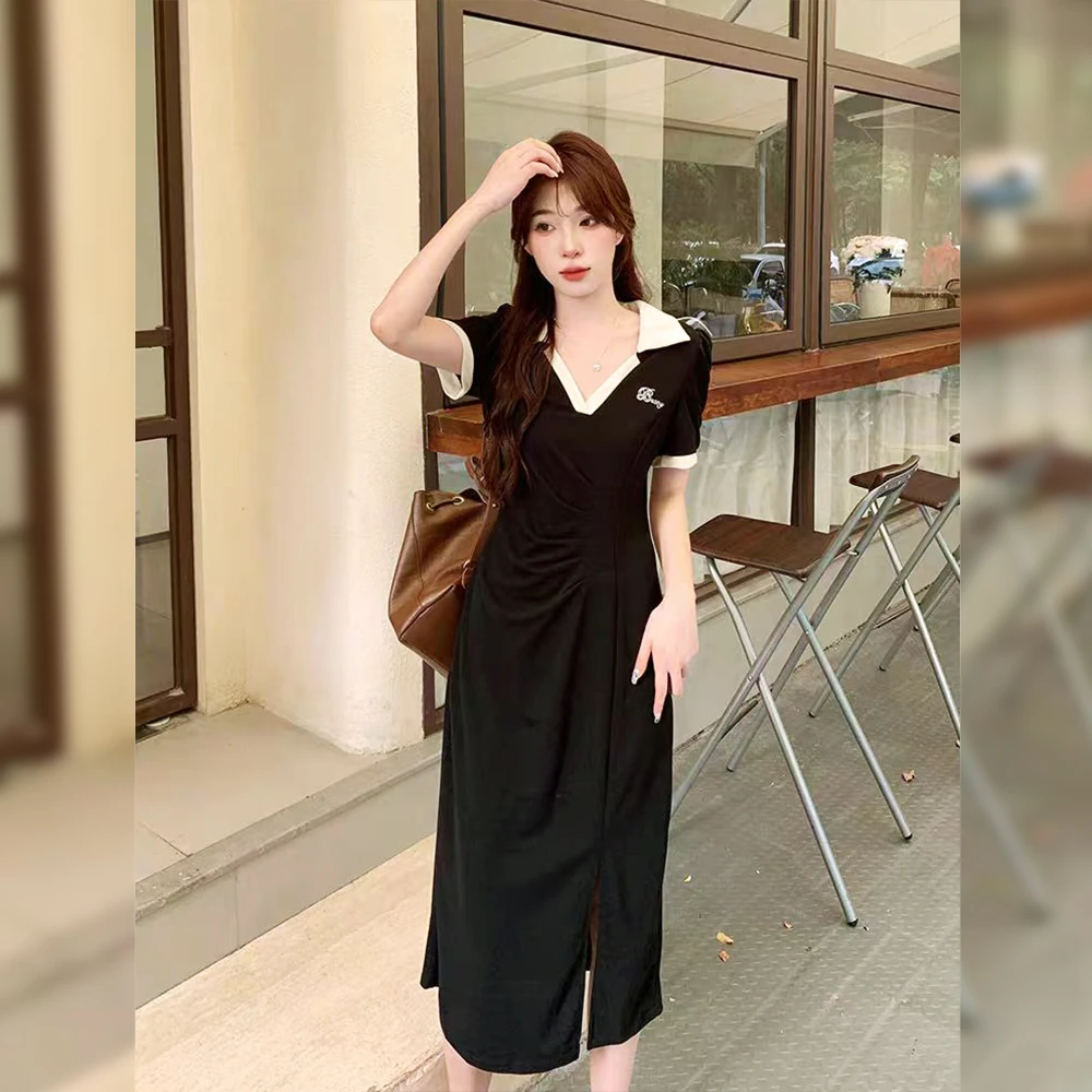大码女装300斤胖MM夏季韩版休闲V领短袖撞色连衣裙63798