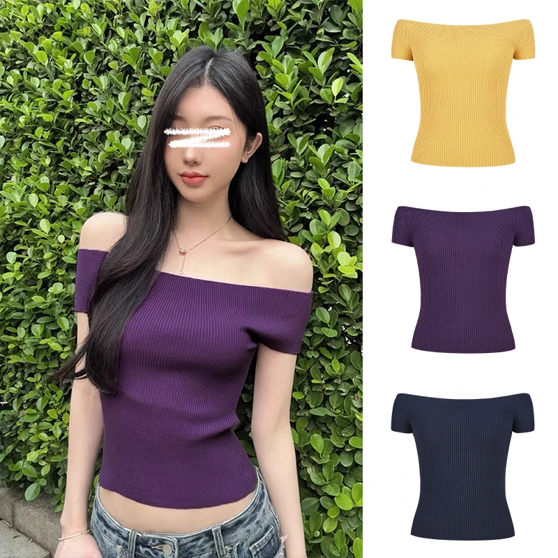 Moses Queen/纯欲辣妹一字肩短袖T恤薄款针织露肩上衣