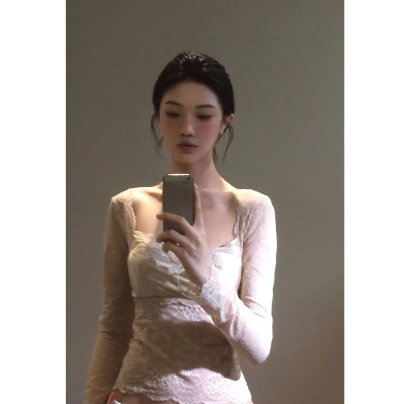 纯欲性感蕾丝v领长袖T恤女秋冬法式修身显瘦打底小众别致气质上衣