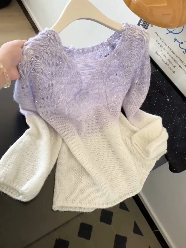 渐变紫色镂空长袖宽松套头毛衣慵懒高级感女士针织衫上衣2025新款