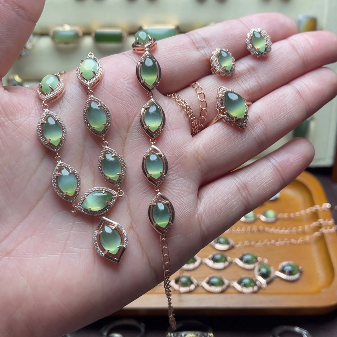 和田玉（碧玉）银S925镶嵌手链套组