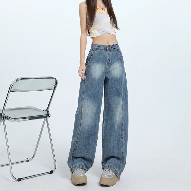 2025秋装早春高品质蓝色镰刀牛仔裤女高腰宽松香蕉裤设计感拖地阔