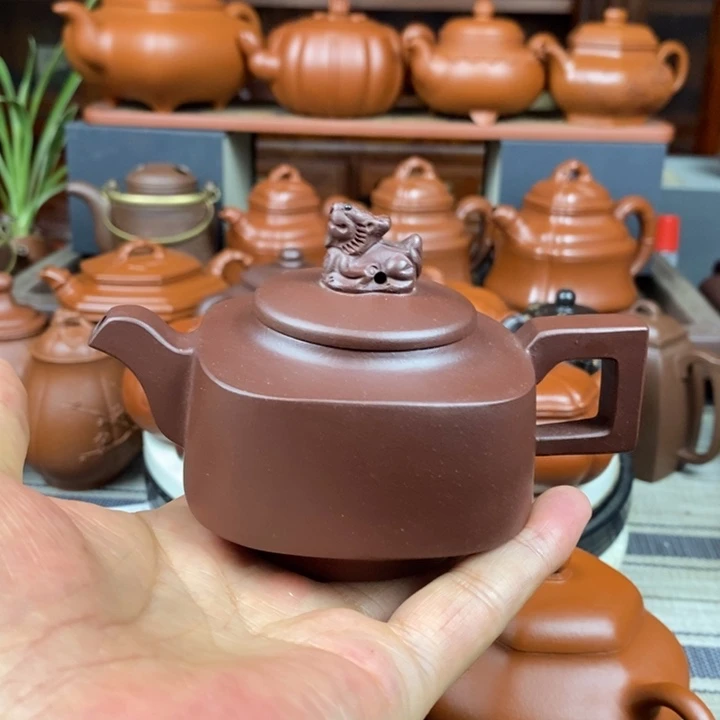 茶壶紫砂四方顶狮200cc原矿老紫泥特价