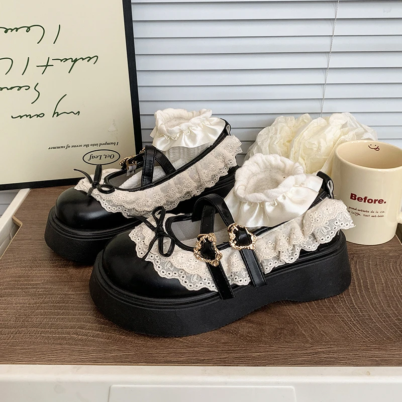 黑色蝴蝶结浅口厚底小皮鞋女学院风2025新款圆头配裙子玛丽珍单鞋