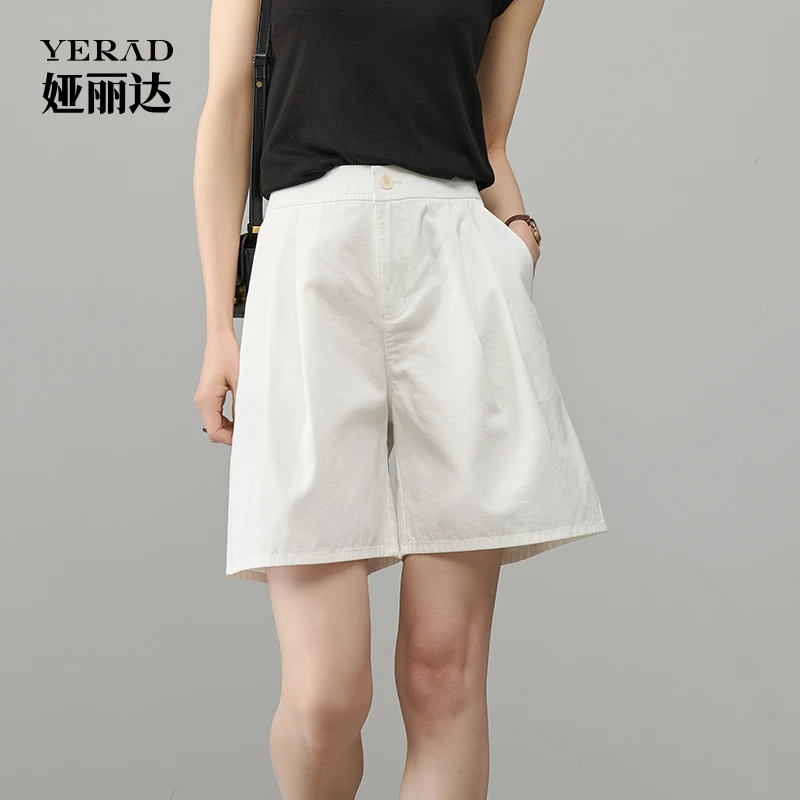 娅丽达通勤阔腿短裤女2025年夏季新款高腰薄款五分简约纯色直筒裤