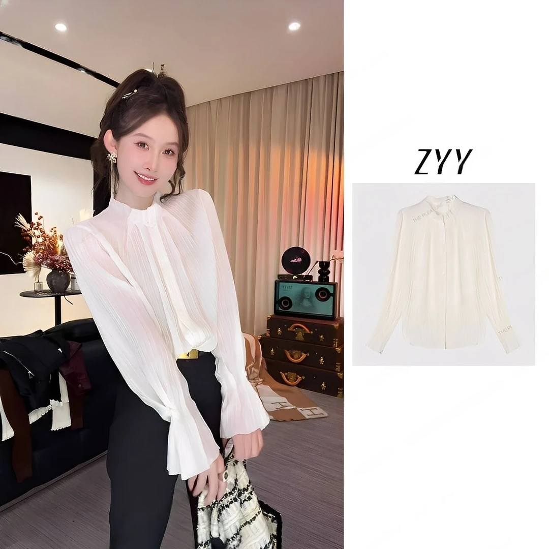 ZYY【半糖慵懒】2025/S新品秋季竖条肌理木耳领长袖衬衫X25QCS03062