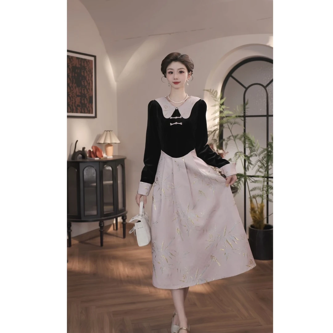 【薇宝儿-婷婷】-2024冬季新中式国风显瘦高腰连衣裙-BV175K