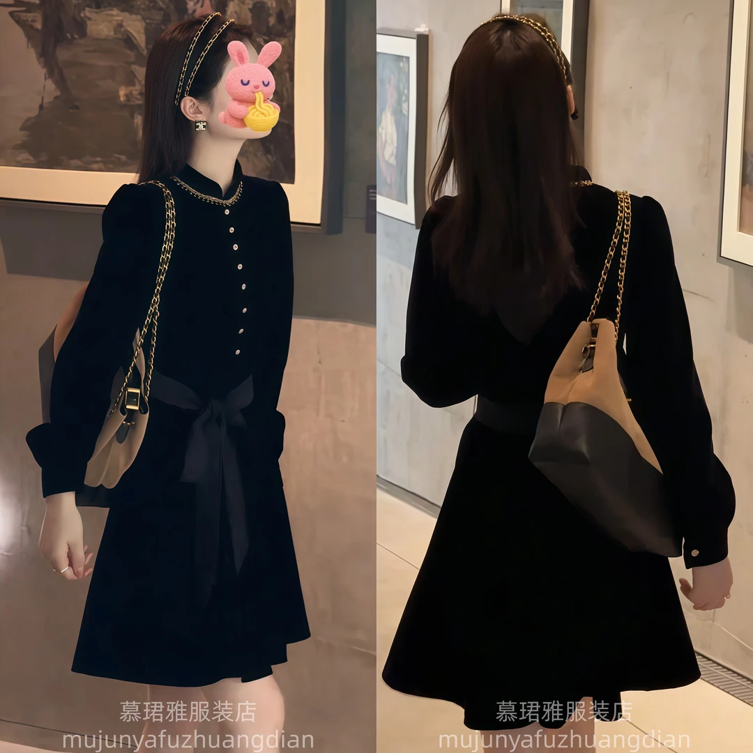 2025秋网红新款丝绒名媛连衣裙女法式千金风泡泡袖系带显瘦小黑裙