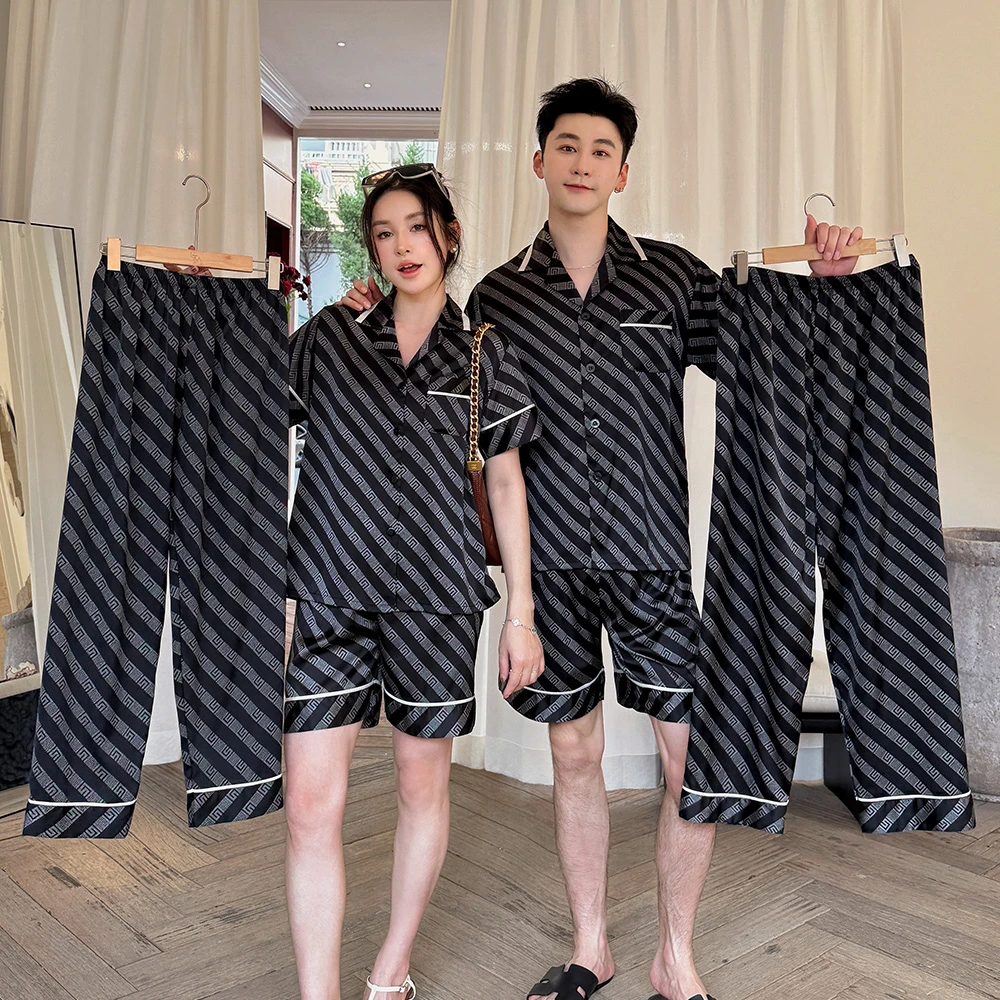 春夏季睡衣男女冰丝睡衣三件套短袖长袖长裤薄款韩版大码家居服